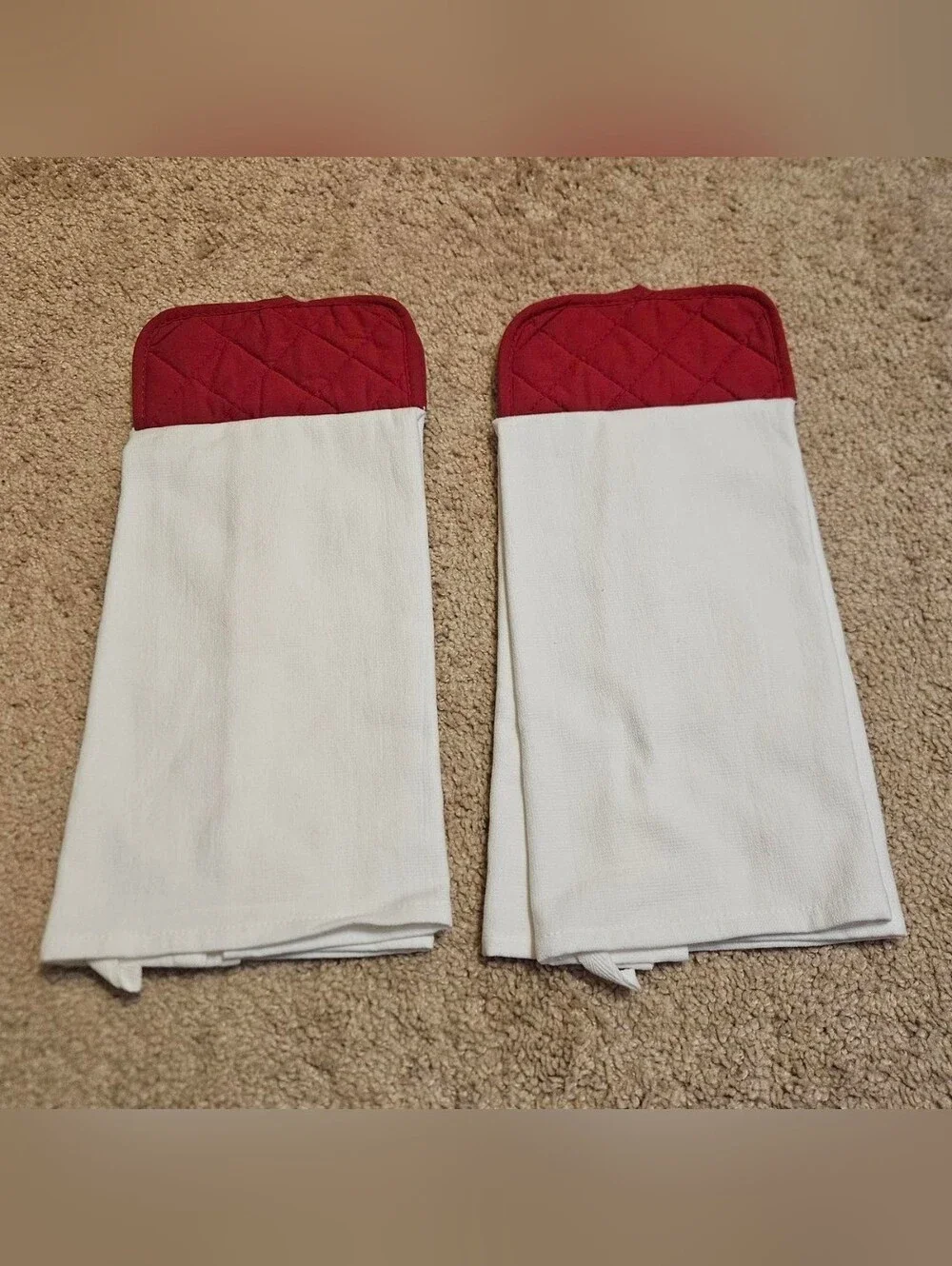 2 Handcrafted Potholders Attached To Towels | Red + White | Tomatoes